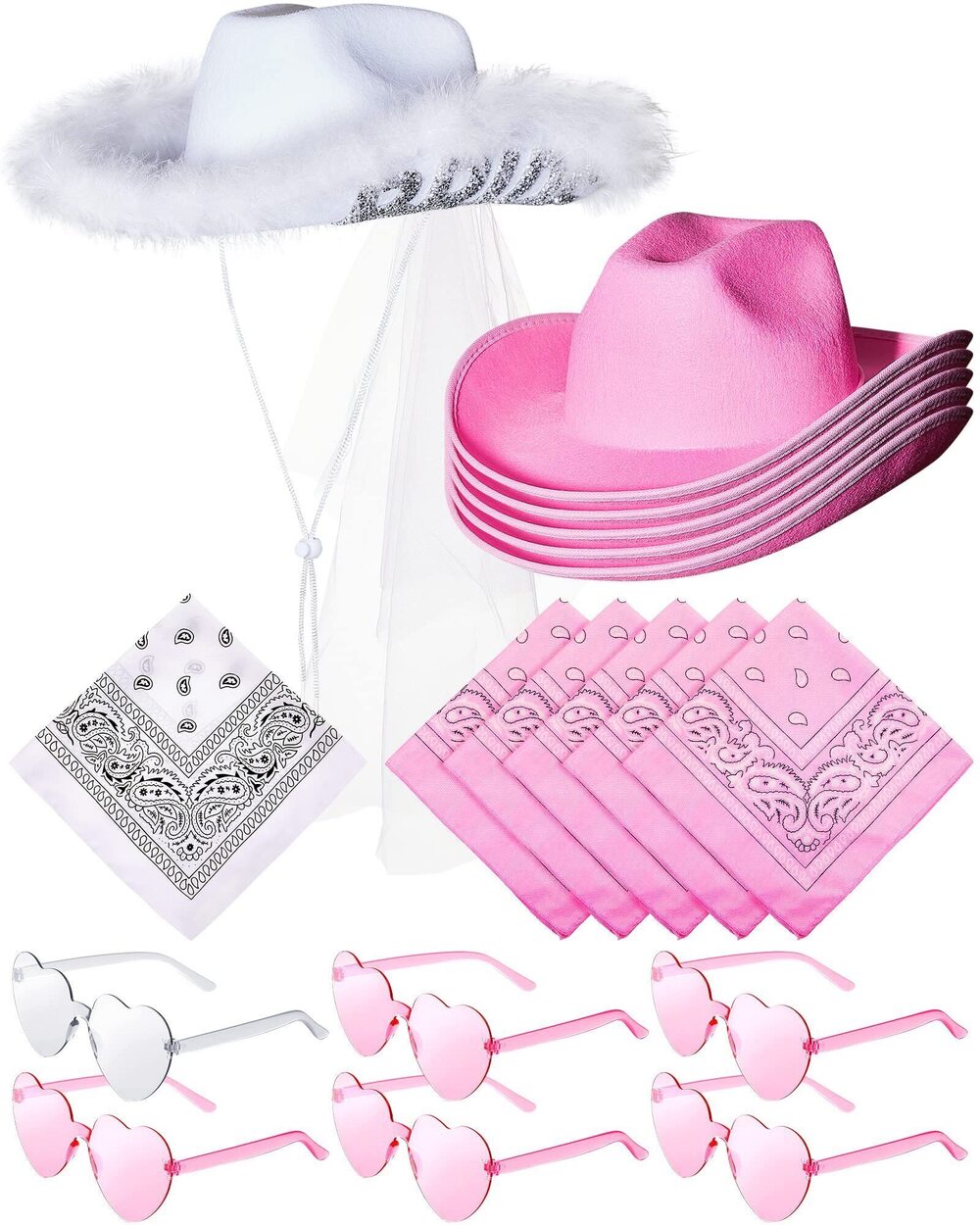 6811 Bachelorette Party Set: Bride Cowgirl Hat with Veil, 5 Pink Hats, 6
